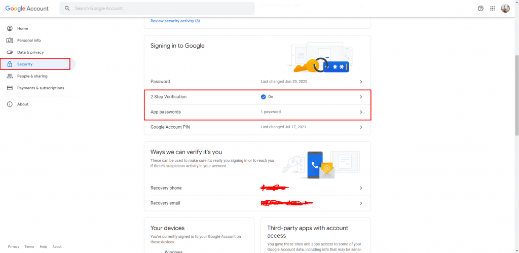 Configure Google account settings - send mail using Gmail